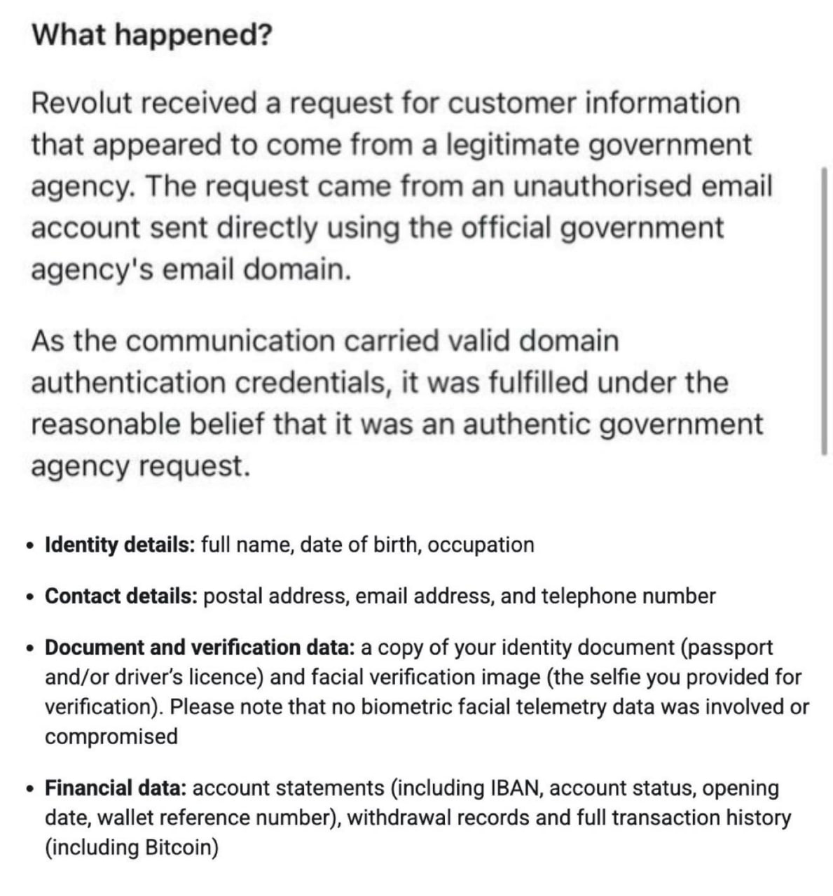 Revolut's email to customers: a request that appeared to come from a government agency, sent from an unauthorised account on the agency's real domain, was fulfilled, exposing identity documents, selfies, statements and full transaction history.