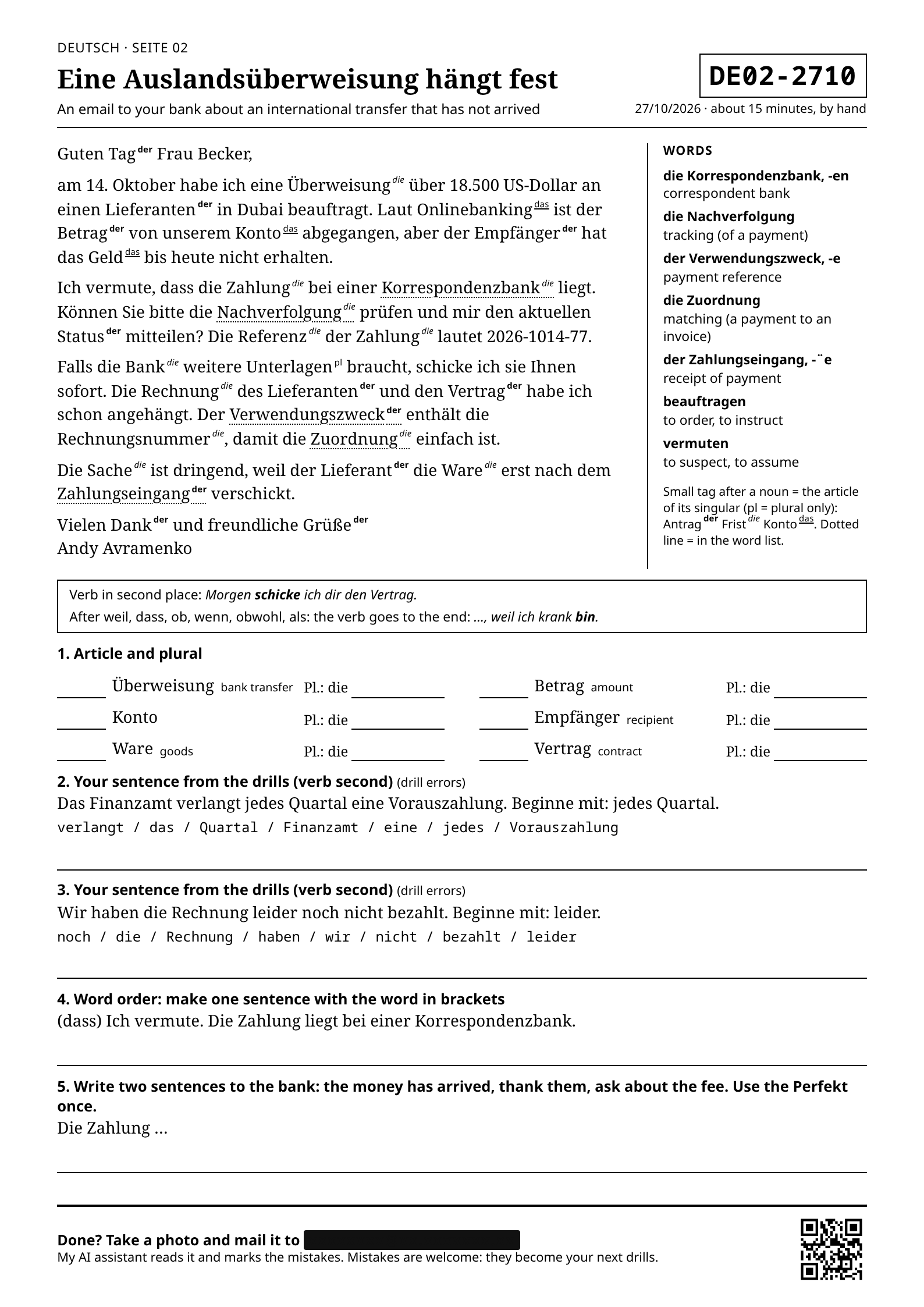 A printed German exercise page, DE02-2710: an email to the bank about an international transfer that has not arrived, exercises on articles and word order, a QR code at the bottom